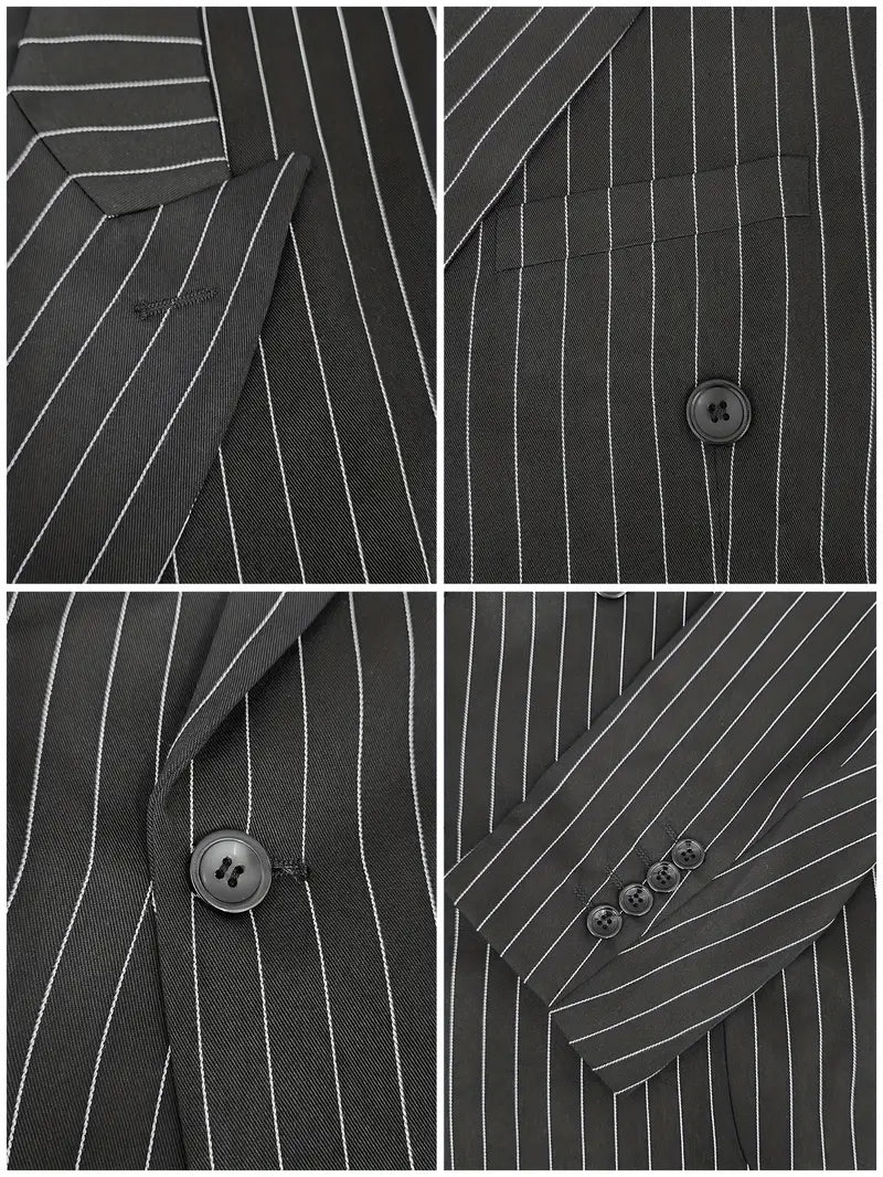 Men'S High Quality Black Striped Suit Lapel Double Breasted Prom Party Suit + Pants Two-Piece Set