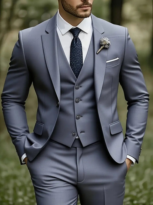 Elegant Men'S 3pcs Suit- Slim Fit Tuxedo Set for Weddings& Formal Occasions