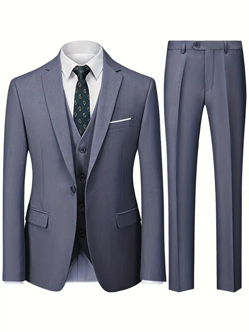 Elegant Men'S 3pcs Suit- Slim Fit Tuxedo Set for Weddings& Formal Occasions