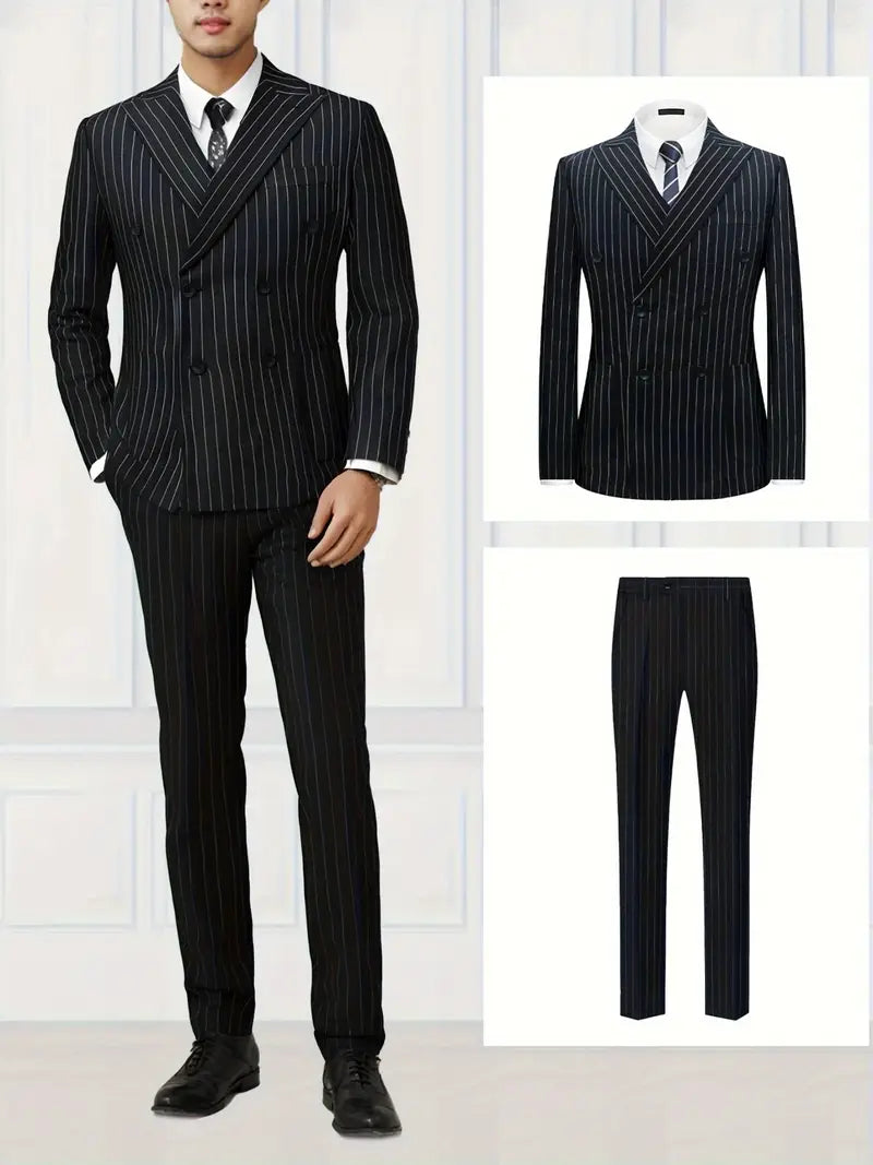 Men'S High Quality Black Striped Suit Lapel Double Breasted Prom Party Suit + Pants Two-Piece Set