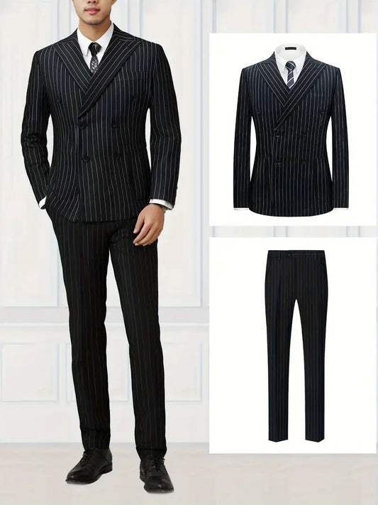 Men'S High Quality Black Striped Suit Lapel Double Breasted Prom Party Suit + Pants Two-Piece Set