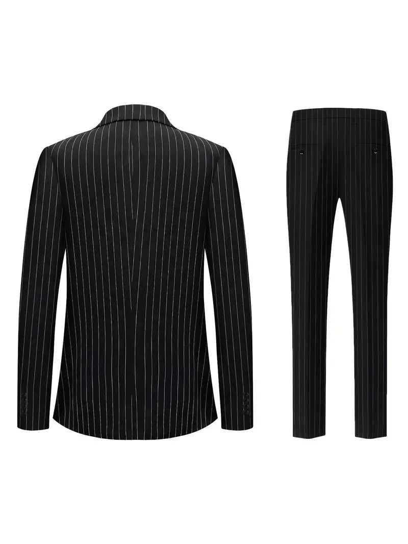Men'S High Quality Black Striped Suit Lapel Double Breasted Prom Party Suit + Pants Two-Piece Set